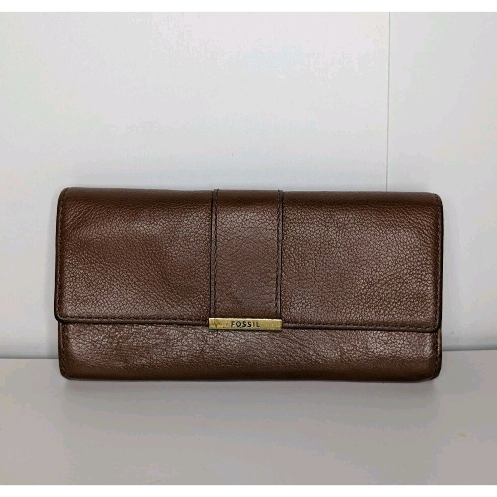 Fossil Brown Leather Farrah Flp Wallet Clutch Rfid
